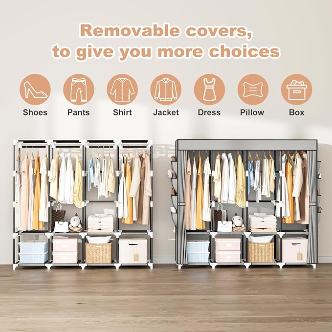 Portable Closet for Hanging Clothes, 67 Inch Wide Portable Wardrobe Closet with Cover, 4 Hanging Rod, Storage Shelves and Side Pockets, Large Free Standing Closet for Bedroom, Grey - Image 5