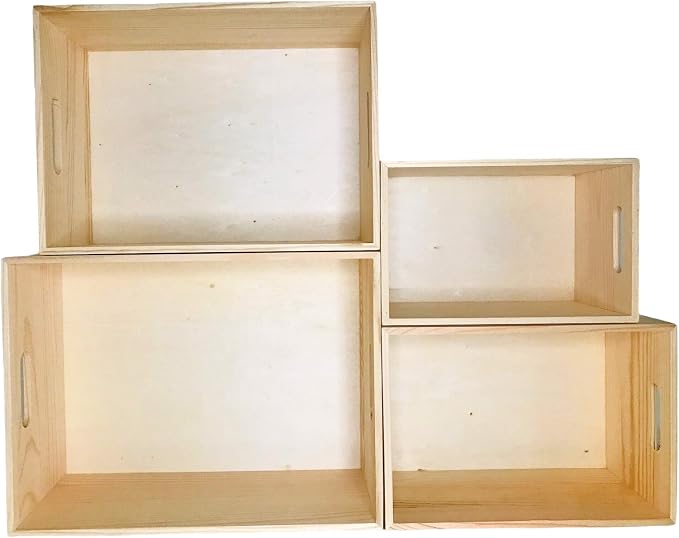 Unfinished Wooden Crates 4 Pack - Nesting Pine Wood Boxes with Handles | Decorative Storage Boxes for Crafts, DIY, Farmhouse Decor, Kitchen, Pantry Display - Stackable Graduated Sizes, Oojami - Image 7