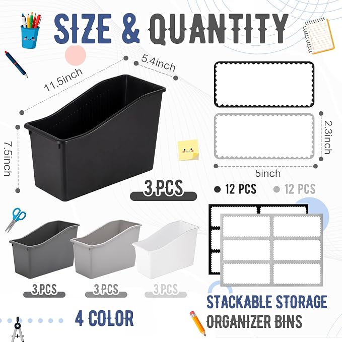 Geetery 12 Pcs Book Bin for Classroom with Labels Stackable Plastic Organizing Bins 11.5 x 5.4 x 7.5 in Book Holders Storage Bins Box Baskets for Classroom Library Home (Simple Color) - Image 2