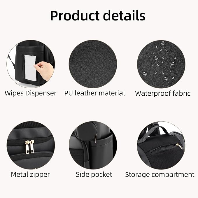 Large Leather Diaper Bag Backpack, Baby Travel Bag with Changing Pad, Insulated Pockets, Stroller Straps and Pacifier Case, Water-Resistant Diaper Bag for Mom and Dad, Black - Image 4