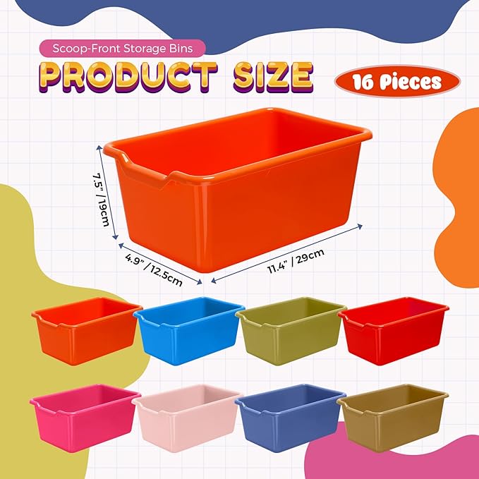16 Pcs Cubby Bins for Classroom Plastic Book Bins,Vintage Color | Storage Bins for Classroom Library, Plastic Stackable Toy Tubs Containers for School Office Home Nursery Playroom - Image 3