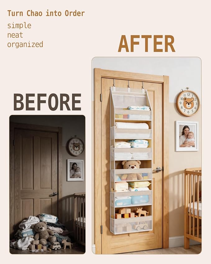 KMSCO Over The Door Organizer 6 Large +13 Mesh Side Pockets | 55lbs capacity, heavy duty non-woven fabric.Ideal for nursery, bathroom, pantry, closet. Beige, 1 pack. - Image 8