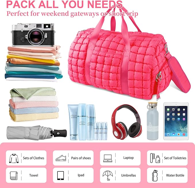 Quilted Travel Duffle Bag Gym Bag for Women,Large Puffer Duffle Weekender Bag with Compartment,Workout Overnight Carry on Organizer Bag Duffle Bag for Airplane Travel(L-Rosered) - Image 6
