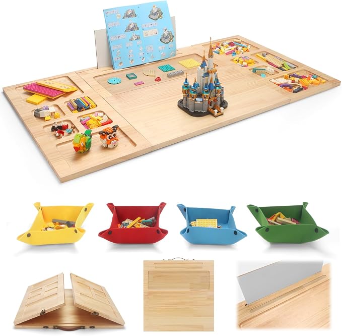 Tri-fold Building Tray for Lego with 4 Bricks Sorting Trays, Wood | for Adults & Teens, Portable Folding Activity Station for Construction & Storage by Unknown
