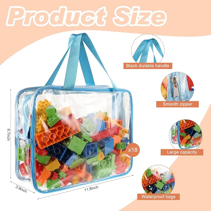 18 Packs Large Toy Storage Bags with Labels, 6 Colors Clear PVC Toy Storage Organizer with Zipper, Waterproof Reuseful Clear Organizer Bags for Building Blocks, Puzzles, Kids Books, Board Game - Image 2