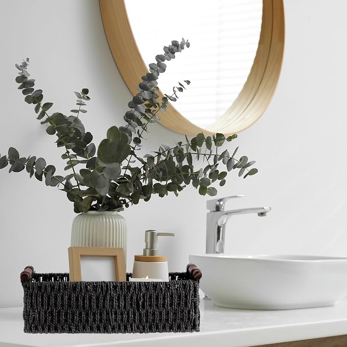 Boao 3 Pcs Boho Storage Wicker Baskets Handmade Woven Decorative Paper Rope Baskets for Organizing with Handle Countertop Toilet Paper Storage Container for Toilet Tank Top(Black,Rectangle) - Image 4