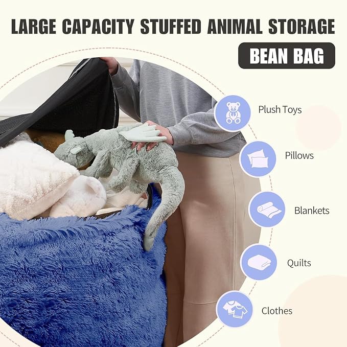 Bean Bag Cover (No Filler) - Faux Fur Beanbag Chairs Covers Only, Stuffed Animal Storage Bean Bag for Adults, Large Washable Beanbag Cover Without Filling, 5FT, Navy Blue - Image 3