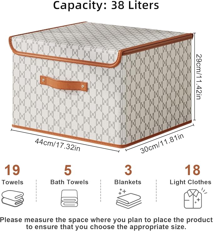 Tuza 2 Pack Fabric Storage Bins with Lids, Collapsible Closet Organizer Container, Decorative Storage Boxes with Lids for Organizing Clothes, Blanket, Grey & White, Large - Image 2