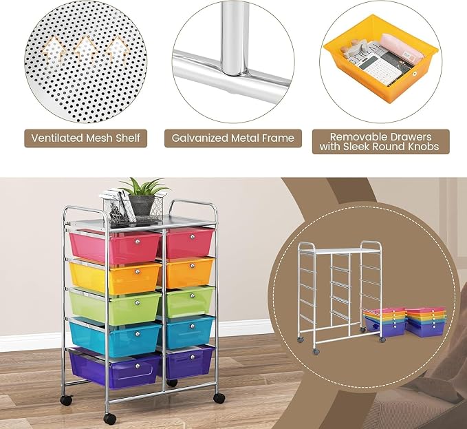 10 Drawer Rolling Cart, Storage Cart Organizer on Wheels, Drawer Cart with Metal Frame & Large Storage Capacity, Rolling Cart with Drawers for Living Room Classroom, Office - Image 7