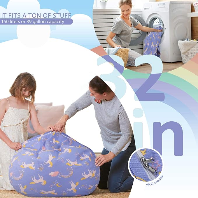 Aubliss Stuffed Animal Bean Bag Storage Chair | (Light Blue Unicorn, Medium (32'')) - Image 5