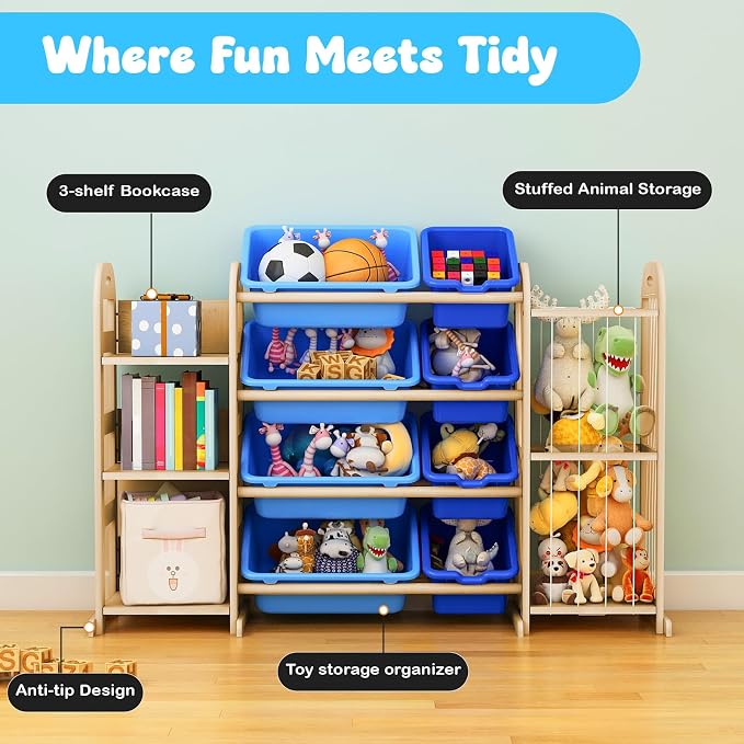 Toy Storage Organizer, Toy Organizers and Storage with Stuffed Animal Storage, Kids Toy Storage Shelf with 3 Shelves 8 Storage Bins, Kids Bookshelf, Toy Holder for Playrooms, Bedrooms, Blue - Image 7