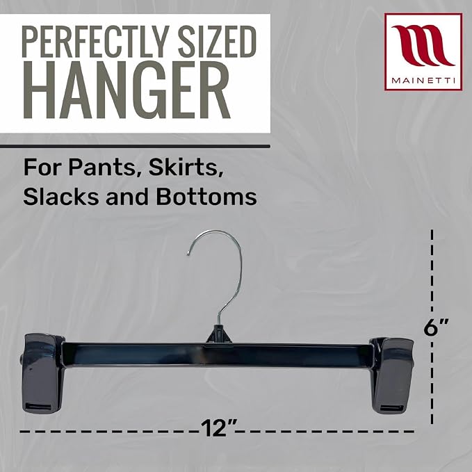 12in Black Plastic Pants Hangers with Non-Slip Clips (100 Pack) | Space-Saving Black Plastic Hangers, Non-Slip Clips & 360 Swivel Metal Hook, Closet Hangers for Pants, Skirts, Slacks & Shorts - Image 2