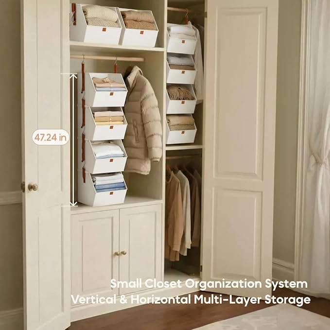 Hanging Closet Organizer 4 Tier - Clothes Hanging Shelves, Space-Saving Closet System, Fabric Storage Bins Bedroom Organization, Collapsible Baskets for Home, Dorm, Rv, White, 8 Pack - Image 7