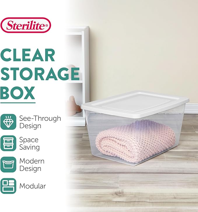 Sterilite Clear Storage Box Stackable Tote, 58 Quart, 6-Pack | Clear Plastic Container with Secure Snapping Lids for Home and Office Organization, White - Image 2