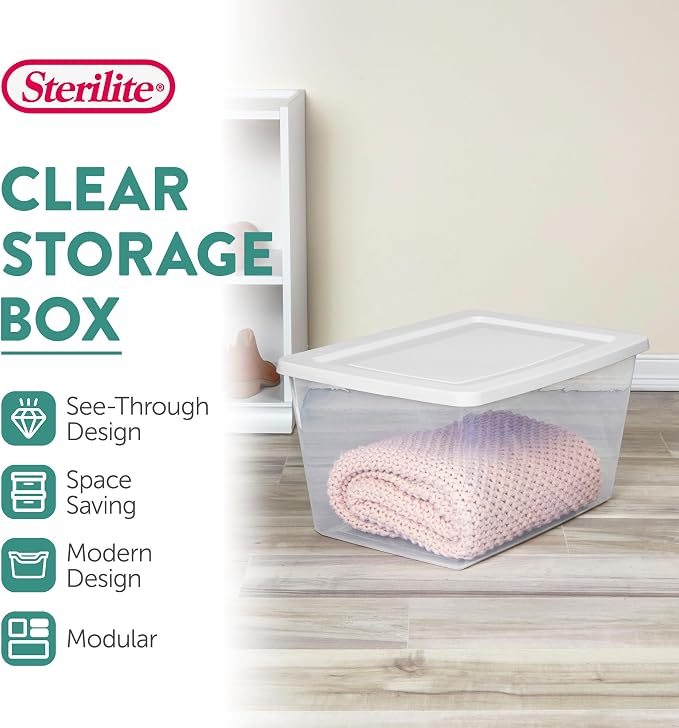 Sterilite Clear Storage Box Stackable Tote, 58 Quart, 12-Pack | Clear Plastic Container with Secure Snapping Lids for Home and Office Organization, White - Image 2