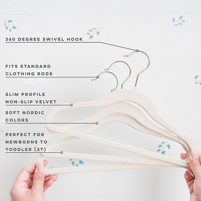 3 Sprouts Velvet Baby Hangers, Non Slip Slim, Cream, 50 Pack | Non-slip velvet, Notched shoulders, 360-degree swivel hook, 11.75 x 8 in, Infant and toddler clothes, Soft colors for nursery - Image 3