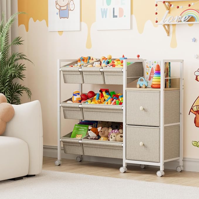 Modanais Kids Toy Organizers and Storage Bins, Off White | 7 Storage Bins + 2 Fabric Drawers + 1 Bookshelf, Playroom Storage, Organizer for Toy, Clothes, Blankets and Books - Image 7