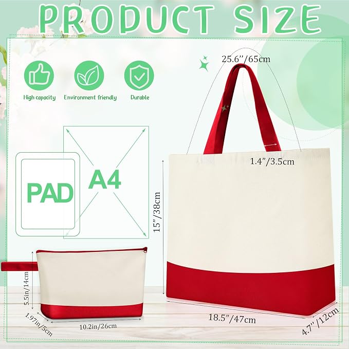 Sanwuta 30 Pcs Canvas Tote Bags Bulk with Zipper Cosmetic Pouch,Red | 18.5" Reusable Cotton Shopping Bag with Handle for DIY Craft - Image 3