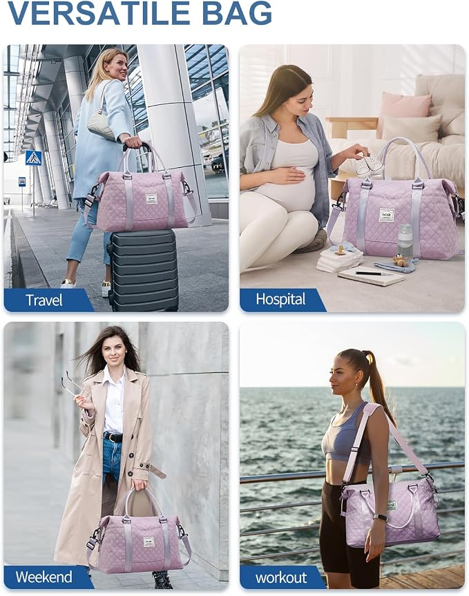 BAGAIL Travel Duffel Bag, Weekender Bags for Women, Overnight Gym Carry On Tote Bag with Wet Pocket, Hospital Mom Bag for Labor and Delivery - Grid-Purple - Image 7