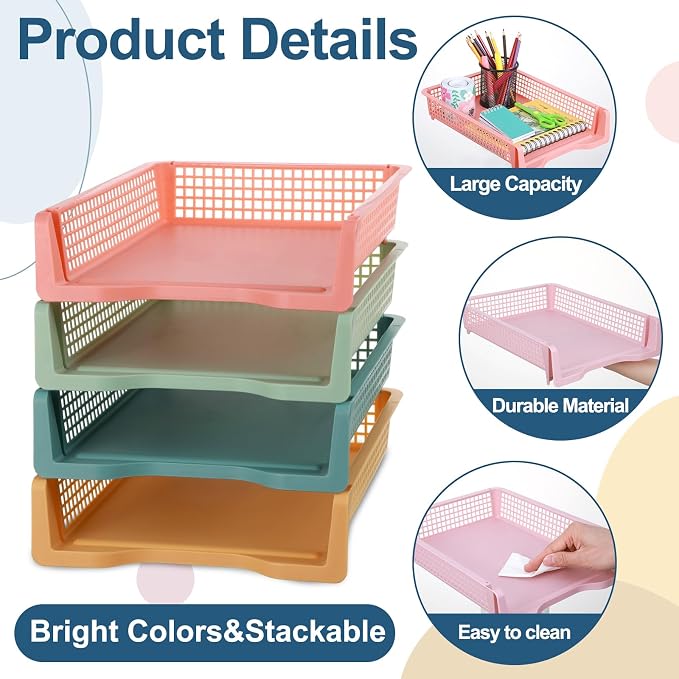 16 Pack Boho Plastic Turn in Paper Trays for Classroom Storage Bin Basket Organizers for School Teacher Supplies Classroom Office Home Organization Storage Tray Holds 4A Paper File Document - Image 3