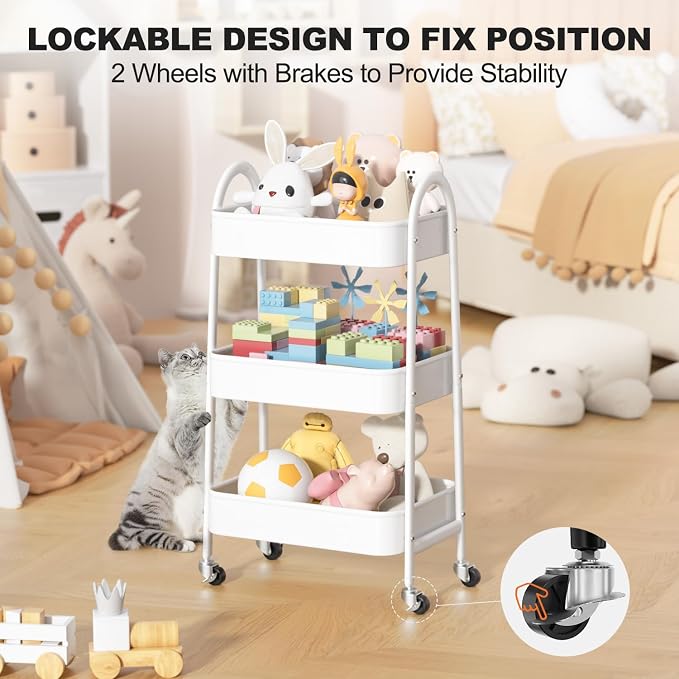 3 Tier Rolling Cart Under Desk, Large Metal Storage Cart with Handle and Lockable Wheels, Big Multifunctional Storage Organizer Trolley for Kitchen, Living Room, Office, Garage (White) - Image 5