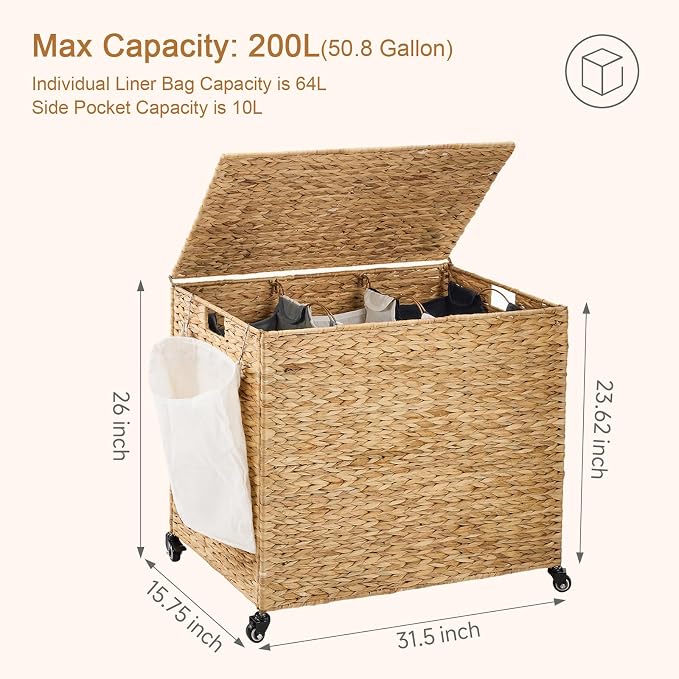 Laundry Hamper with Wheels, 52.8 Gallon(200L) Water Hyacinth Laundry Basket with Lid, 3-Section Wicker Clothes Hamper with 3 Removable Liners, Laundry Sorter with Side Pocket, Natural - Image 4