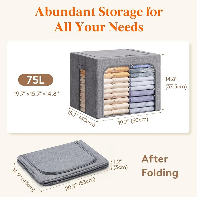 Lifewit Clothes Storage Bins with Metal Frame, Stackable Storage Box, Foldable Clothing Storage Bins with Lids, 75L Storage Bags Fabric Box Organizer with Clear Window＆ Zippers＆ Sturdy Handles 3 Pack - Image 4