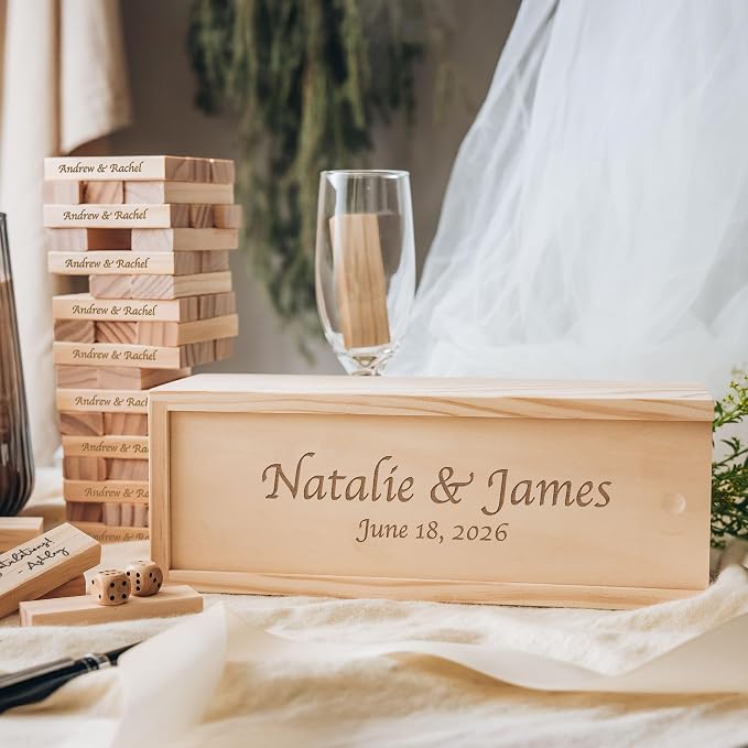 Personalized Wedding Jumbling Tower Guest Book, Engraved Box | Wooden wedding alternative with 54 signing blocks and a 10.6 x 3.9 x 3.54 in keepsake box for lasting memories - Image 7