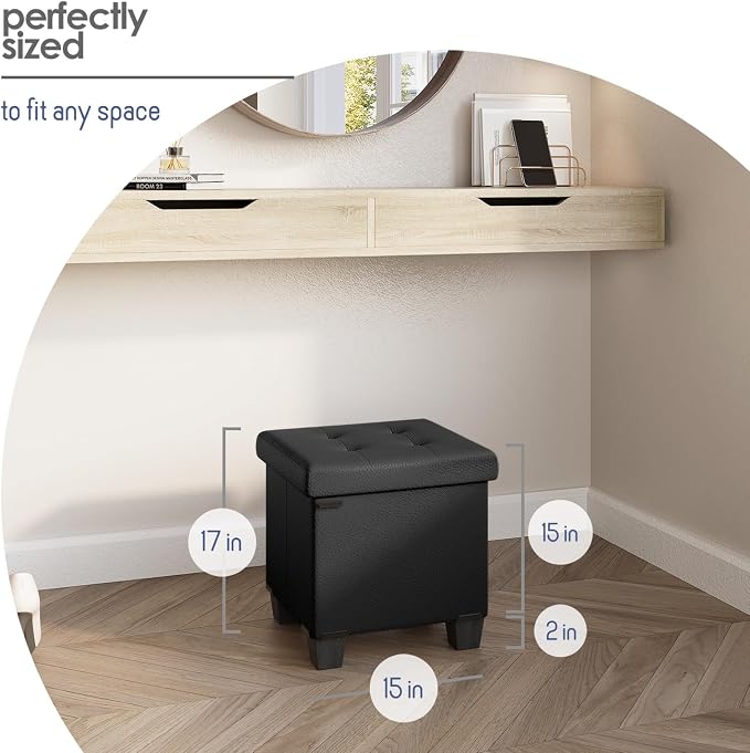 Storage Ottoman Cube with Small Bin, 15-in Square Ottoman with Storage for Living Room and Bedroom, Small Ottomans Foot Rest, Faux Leather Foot Stools Ottomans Max 330lbs, Black - Image 9