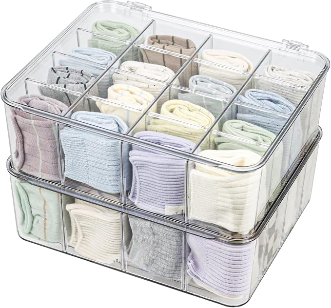 ZEXALOR Plastic Clear Storage Containers, Set of 2, Sock Organizer Divided Boxes with Lids, Underwear Drawer Organizer, Tie Dresser Organizer (11.8×9.4×3.9") - Image 3