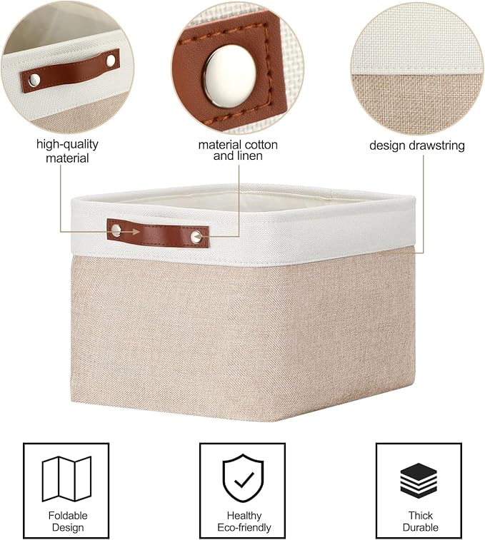 Uiifan 10 Pcs Collapsible Storage Bins Fabric Foldable Storage Basket with Handles Cloth Organizer Linen Shelf Baskets for Shelves Home Closet Nursery Toys(16 x 12 x 10 Inch,Beige and White) - Image 4