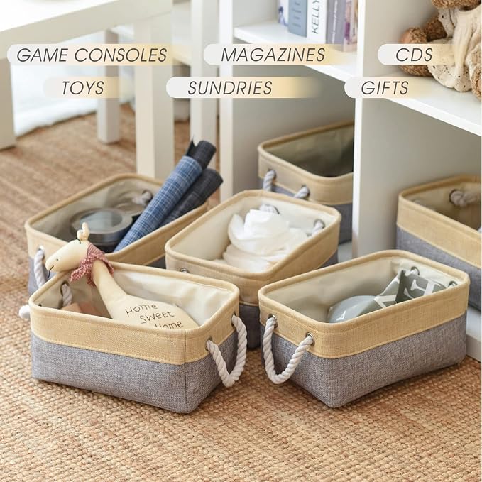 TcaFmac Organization and Storage Bins for Shelves - Small 6 Pack 12x8x5.2 inch Collapsible Storage Basket for Organizing, Fabric Storage Cubes for Gifts Empty for Toy Books (Gold & Grey) - Image 4