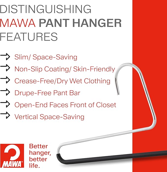 Mawa by Reston Lloyd Non-Slip Space Saving Clothes Hanger with Single Rod for Pants, Style KH35U, Silver, Set of 160 - Image 6