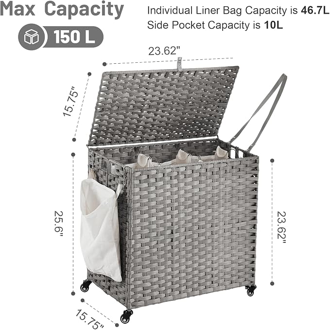Laundry Hamper with Wheels, 39.6 Gallon(150L) Rolling Laundry Basket with Lid, 3-Section Rattan Clothes Hamper with 3 Removable Liner & 3 Mesh Bags, Laundry Sorter with Side Pocket, Grey - Image 4