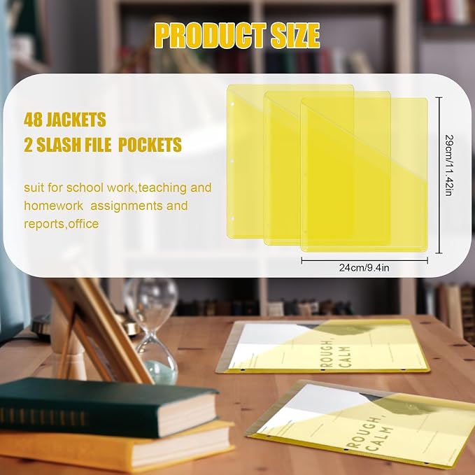 Seajan 48 Pcs Binder Pocket Folders, Clear 3 Ring Binder, Yellow | Plastic Folders Sleeves with 2 Pockets, Poly Slash File Jackets, 3 Hole Punched Dividers for School, Office, Documents - Image 2