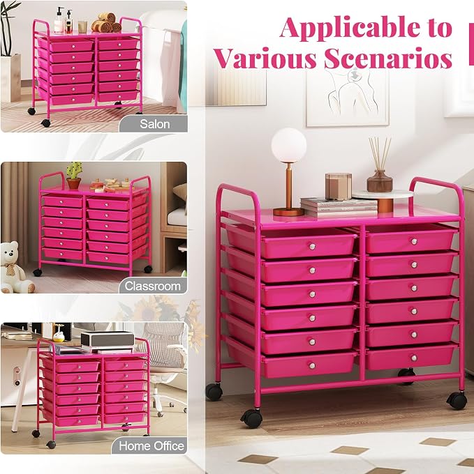 RELAX4LIFE 12-Drawer Rolling Storage Cart - Mobile Utility Cart on Wheels for School Classroom Teacher Office Salon, Paper File Art Supply Craft Organizer, Rolling Cart with Drawers (Hot Pink) - Image 7
