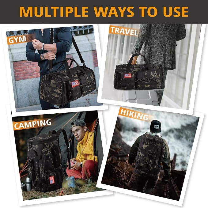 Expandable Gym Bag for Men,Tactical Large 3-in-1 Travel Duffle Backpack Bag | Water-Resistant Sports Bag With Shoes Compartment,Multi-Functional Travel Duffel Bag For Weekend, Overnight, Workout,Camping - Image 2