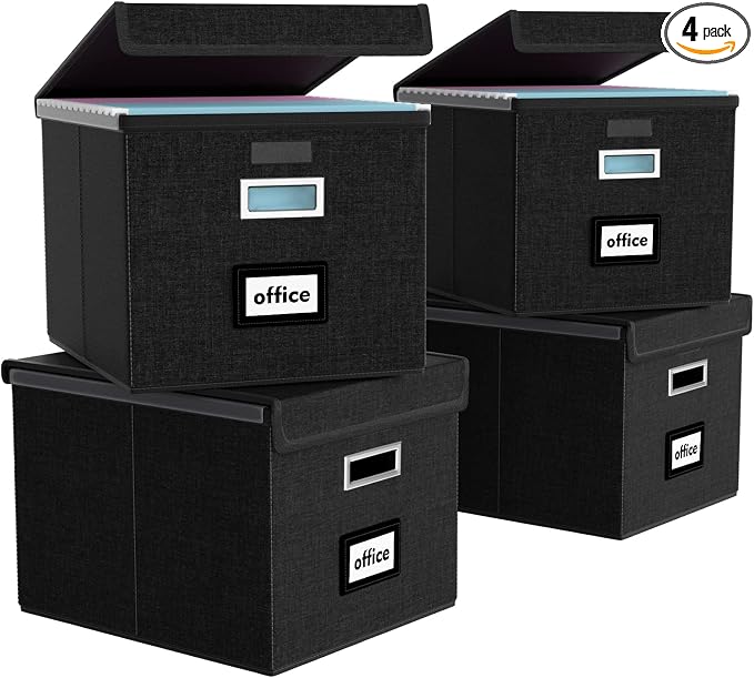 File Organizer Box with Lids, Collapsible File Folder Organizer | File Box with Plastic Slides for Office Document Storage, Filing Bin for Letter Size Hanging File Folders (4 Pack, Black) by Huolewa