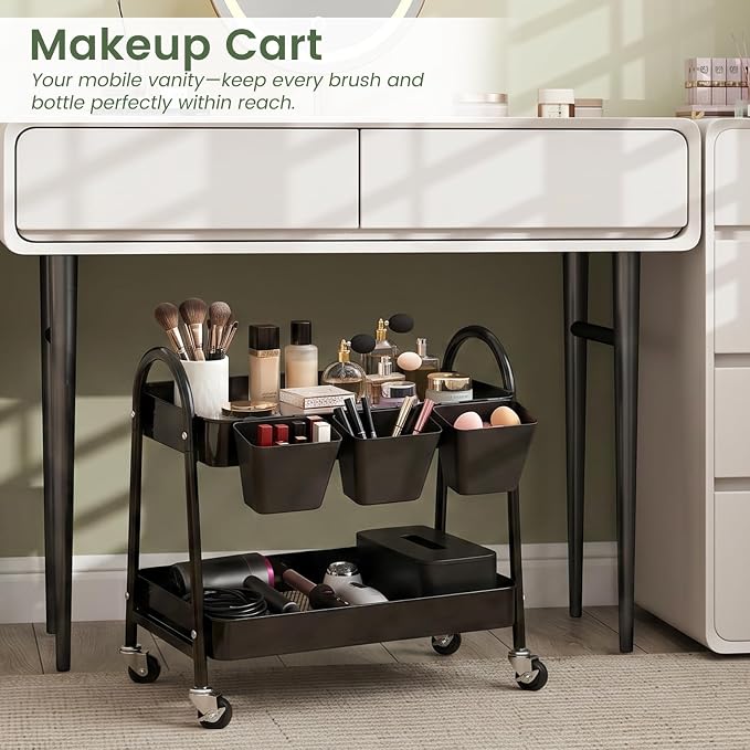 danpinera 2-Tier Rolling Cart, Utility Cart Mobile Metal Rolling Storage Cart with Lockable Wheels & Hanging Cups & Hooks for Kitchen, Bathroom, Office, Workshop, Purple - Image 6