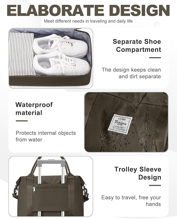 Travel Duffel Weekender Bag Women Tote Carry On Bags With Shoe Compartment | 18x14x8 inches Travel Overnight Bags with Trolley Sleeve for Airplanes Sport Tote Gym for Men Lightweight Daypack DarkBrown - Image 5