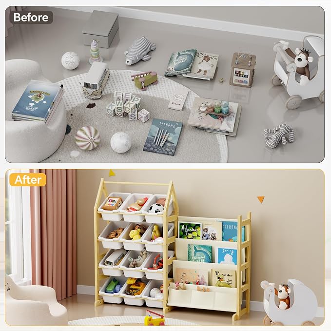 Wooden Toy Storage Organizer Kids Bookshelf, with 12 Toy Organizer Bins, Child Book Shelf for Kids Rooms, Nursery, Baby Room, Playroom, Montessori Toys Storage Organizers Rack Bookcase Shelves - Image 4