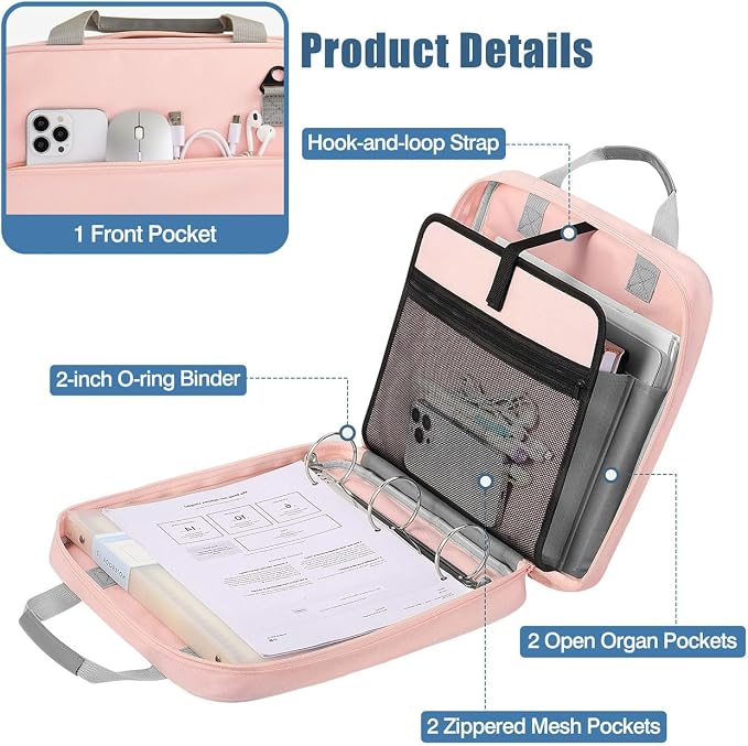 MoKo Zipper Binder, 2-Inch 3 Ring Binder with Zipper, 500 Sheets Capacity Zipper Binders with Shoulder Strap & Handle, Multi-Pocket Zipper Bag Organizer for Work School, Pink & Gray - Image 3
