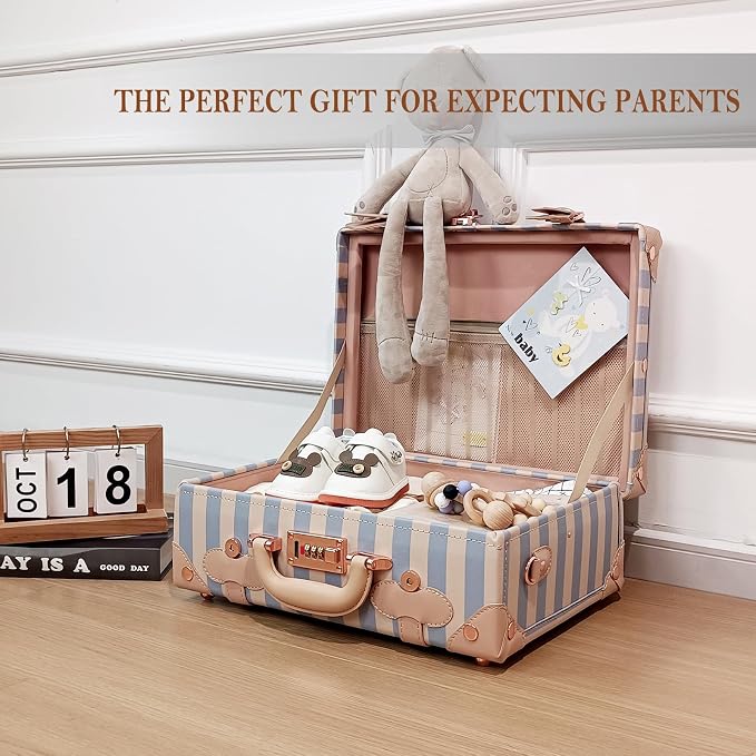 Unitravel Baby Keepsake Case, 16" Handmade Memory Storage Box, Newborn Keepsake Box, Vintage Suitcase for Baby Shower, Baptism, Naming Ceremony or Birthday (blue strip) - Image 3