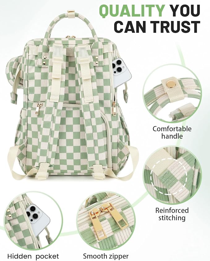 Corduroy Diaper Bag Backpack, Large Capacity Multifunction Baby Diaper Bags for Women, Insulated Bottle Pockets & Pacifier Case, Stylish Travel Nappy Changing Bags for Mom Dad (Checkered Green) - Image 6