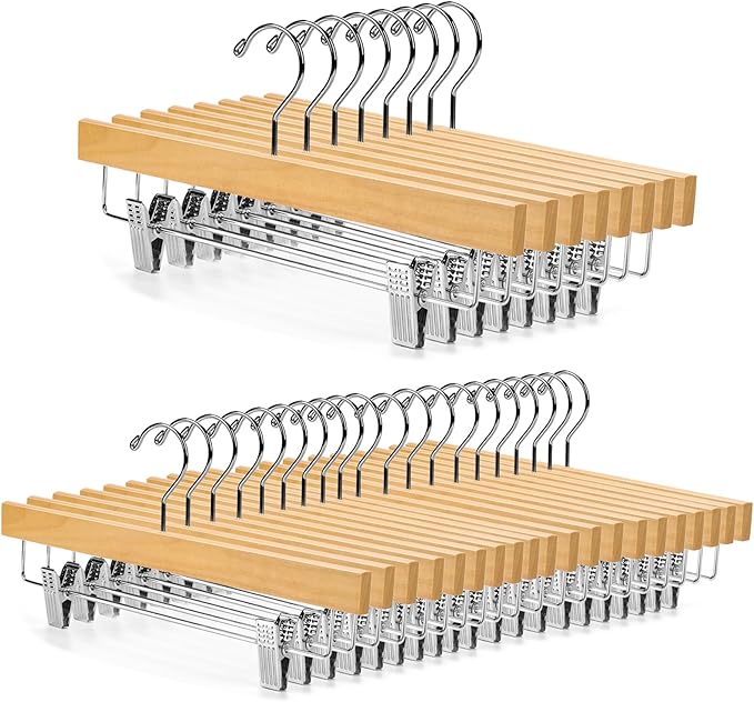 Nature Smile Deluxe Wooden Pants Hangers,Solid Lotus Wood Jeans Skirt Hanger with Clips Anti-Rust Hook Pack of 28（Natural） | Solid Wood Bottom, Jeans Hanger, Skirt Hanger, 2-Adjustable Clips by NatureSmile