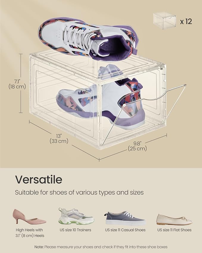 SONGMICS Shoe Boxes, Set of 12, Clear Plastic Sneaker Box, Up to US Size 11 | Stackable Shoe Storage Organizers, Drop Front Door, 13 x 9.8 x 7.1 Inches, Transparent White, DENNYS Collection ULSP032W12 - Image 6