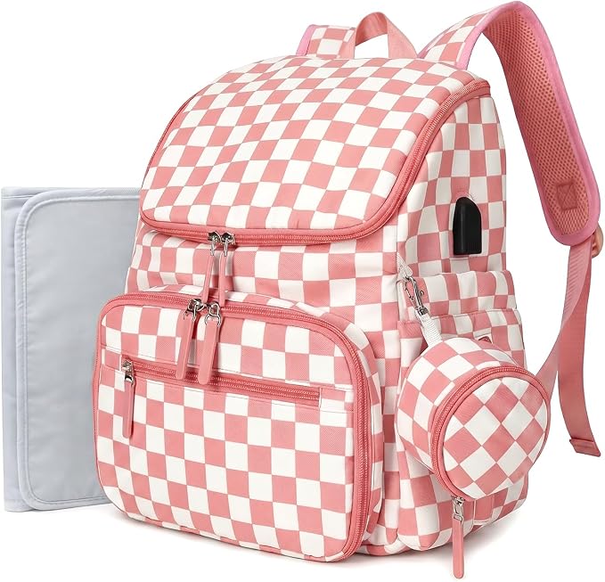 FHELAD Checkered Diaper Bag Backpack with Changing Pad & Stroller Clips | Baby Diaper Bag, Baby Shower Gifts, 4 Insulated Bottle Holders, Wet Wipe Pocket, Luggage Strap by FHELAD