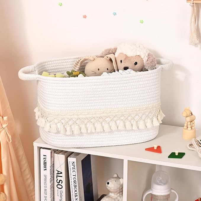 2 Pack Storage Basket for Shelves, Boho Cotton Rope Storage Bins with Heavy Tassel, Shelf Baskets Large Woven Baskets for Organizing, Cube Organizer Bins, Baby Laundry Basket for Clothes, Toys, Pets - Image 7