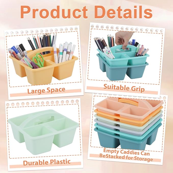 6 Pack Assorted Colors Classrooms Caddy 4 Compartment Classroom Caddy Compartment Caddies Set Table Caddies Classrooms with Handle for Classroom Organization Table Desk Office Supplies(Boho) - Image 3