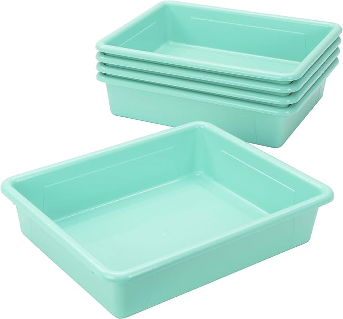 Storex Letter Size Flat Storage Tray – Organizer Bin for Classroom, Office and Home, Teal, 5-Pack (62522A05C), 10 x 13 x 3 Inches - Image 3